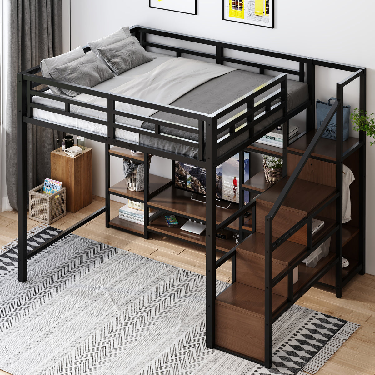 Loft Bed 140x200 with TV Stand & Power Outlet, Black