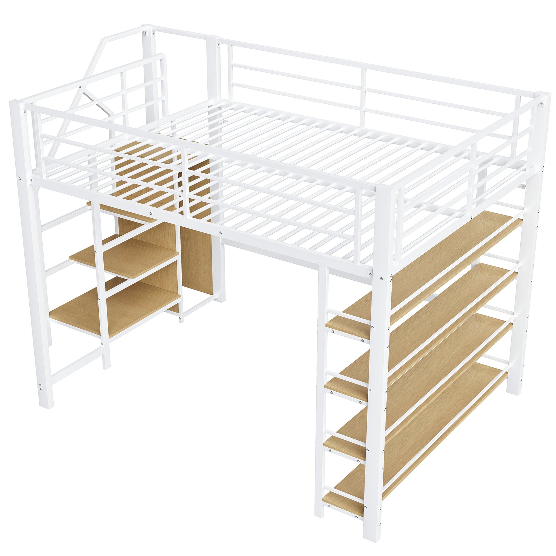 Loft Bed 140x200 with Safety Stairs Storage Wardrobe - White