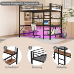 Loft Bed 140x200cm Desk LED USB/Power Outlet Shelf - Metal Black
