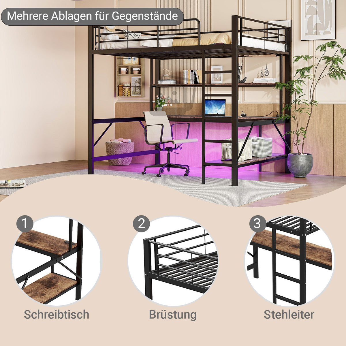 Loft Bed 140x200cm Desk LED USB/Power Outlet Shelf - Metal Black