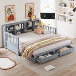 Sofa Bed, Pull-Out 90/180x190 cm with Storage & Charging, 2 Drawers, Pine, Grey