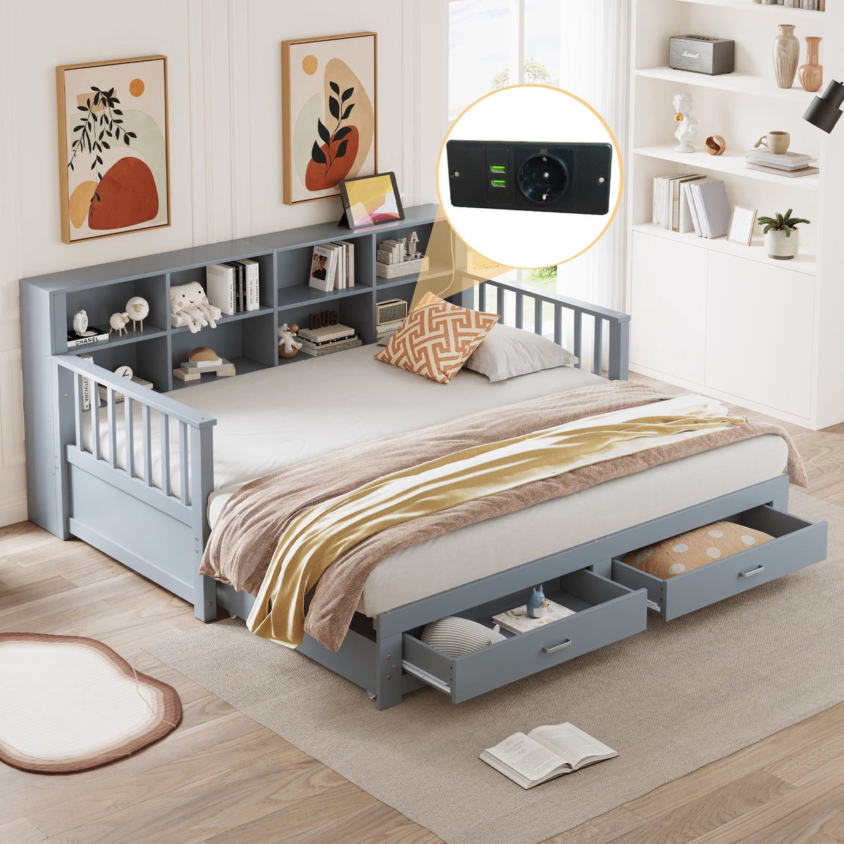 Sofa Bed, Pull-Out 90/180x190 cm with Storage & Charging, 2 Drawers, Pine, Grey