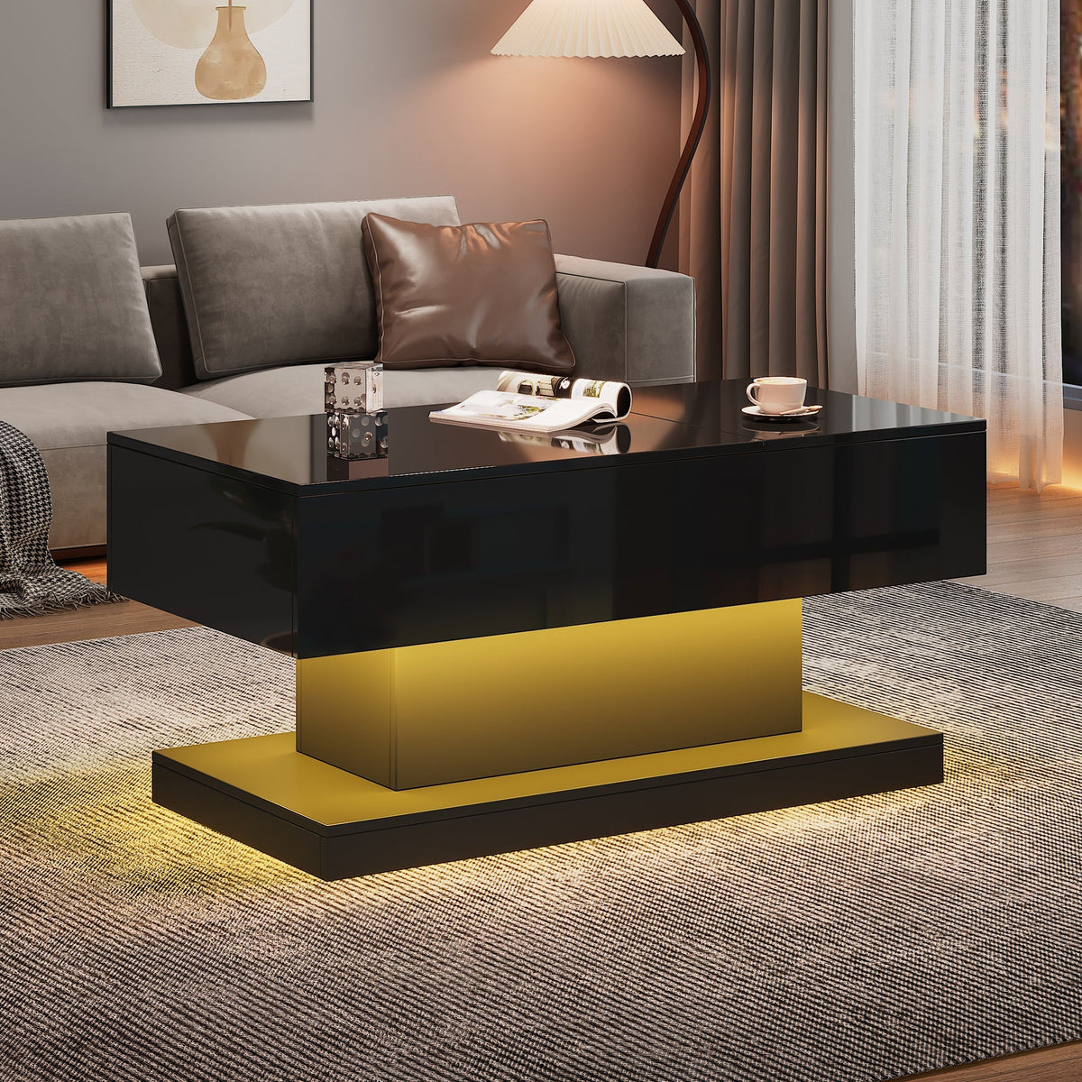 High-gloss Lift-Up Tea Table, LED Coffee Table with Storage, 100x50x45 cm