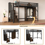 Metal Loft Bed 90x200cm Wardrobe Drawers Storage Ladder - Black