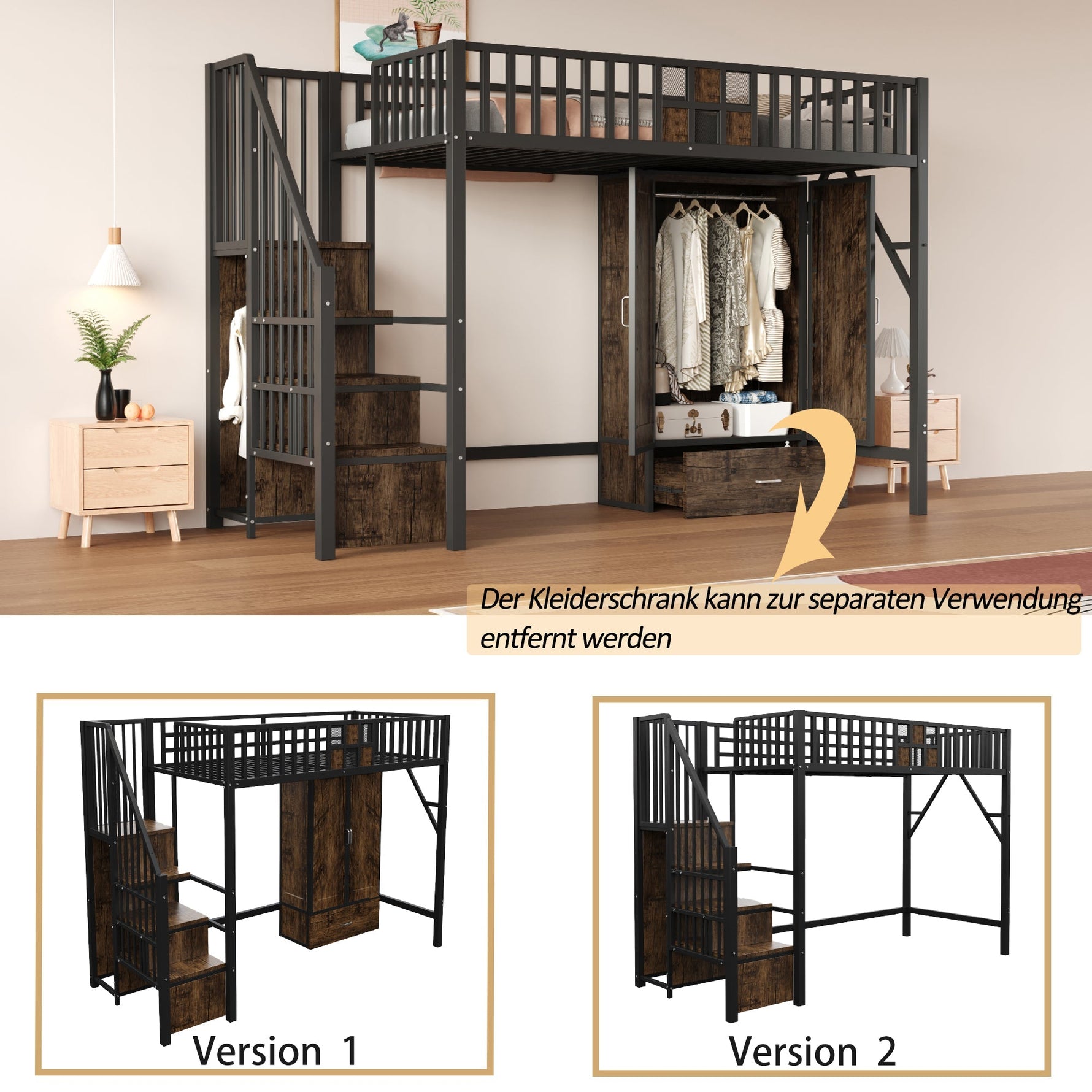 Metal Loft Bed 90x200cm Wardrobe Drawers Storage Ladder - Black