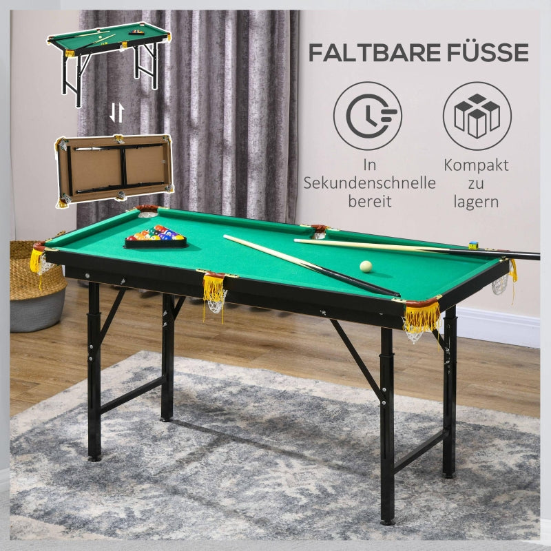 Pool Table with Folding and Height-Adjustable Design, Includes 2 Queues and 16 Balls, Green