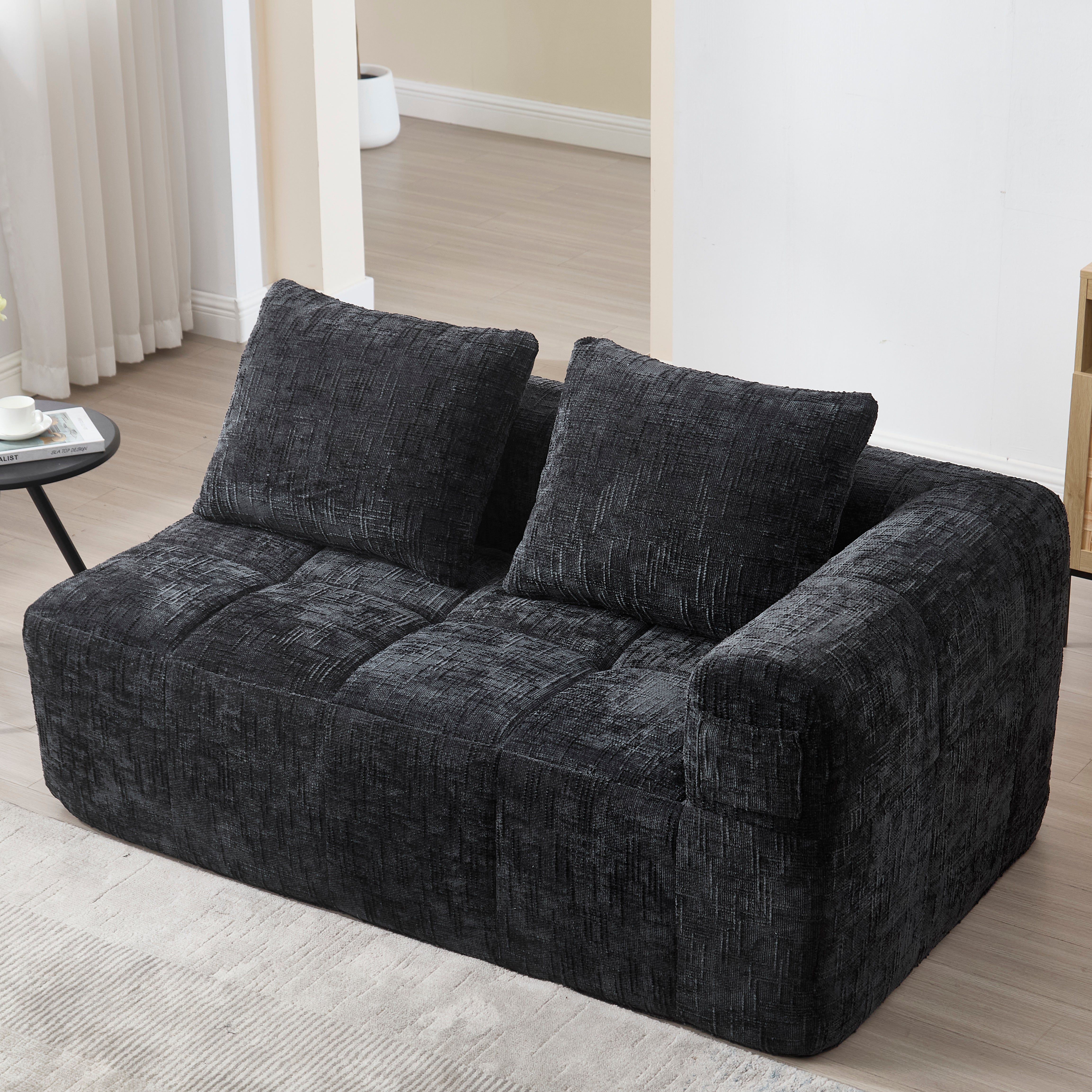 Sofa 2-Person Plush Cushion Side Pockets, No Assembly, Black