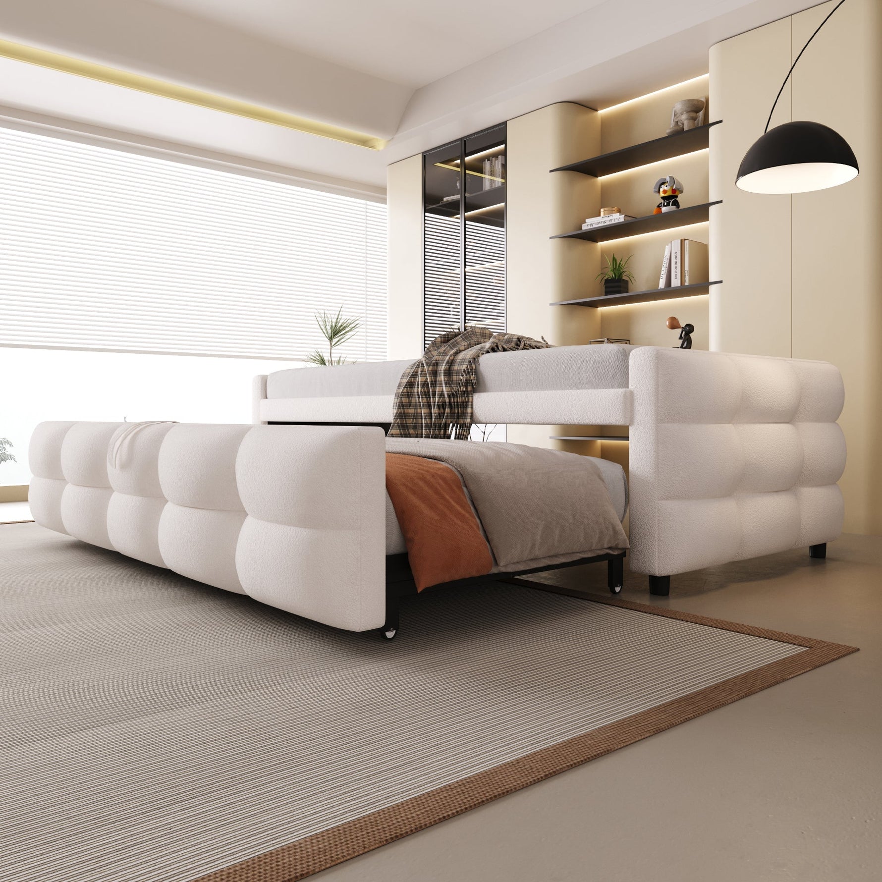 Extendable Upholstered Sofa Bed with Slatted Frame and 90/180x190cm Mattress Support, Beige Teddy Velvet