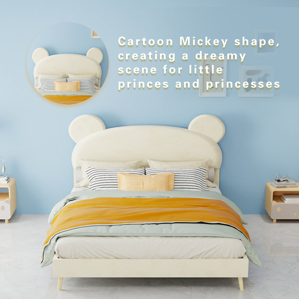 Modern Upholstered Bed 140x200cm with Mattress, Cartoon Design, Beige