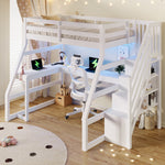 Wooden Loft Bed 90x200 with Desk, LED, USB & Storage Stairs, White