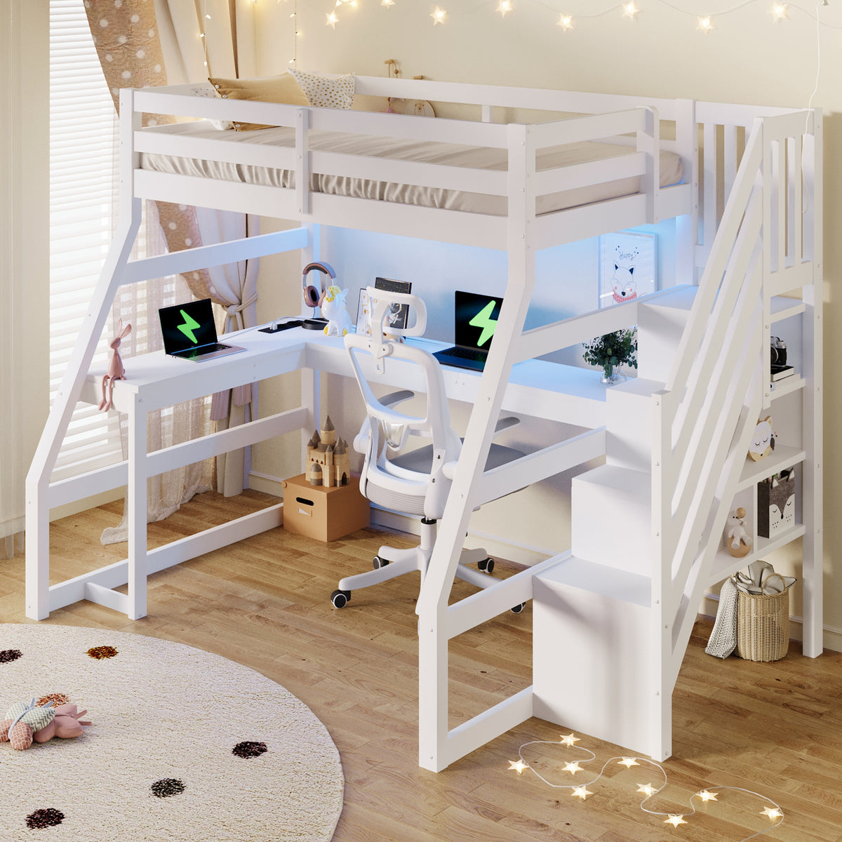 Wooden Loft Bed 90x200 with Desk, LED, USB & Storage Stairs, White