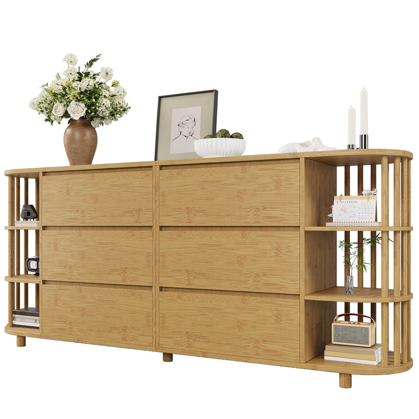 Sideboard 160cm Roman Design Bamboo Shelves 6 Drawers Oak