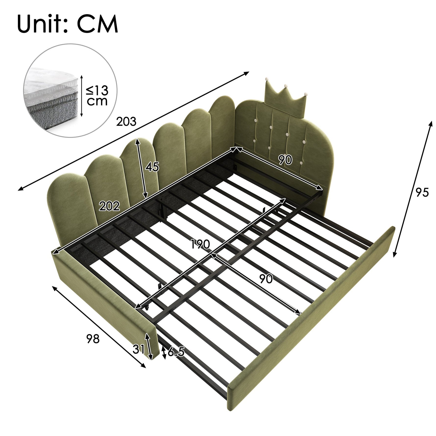 L-Shape Sofa Bed with Pull-out Guest Bed and Crown Lattice Design, 90x200cm, Green Velvet