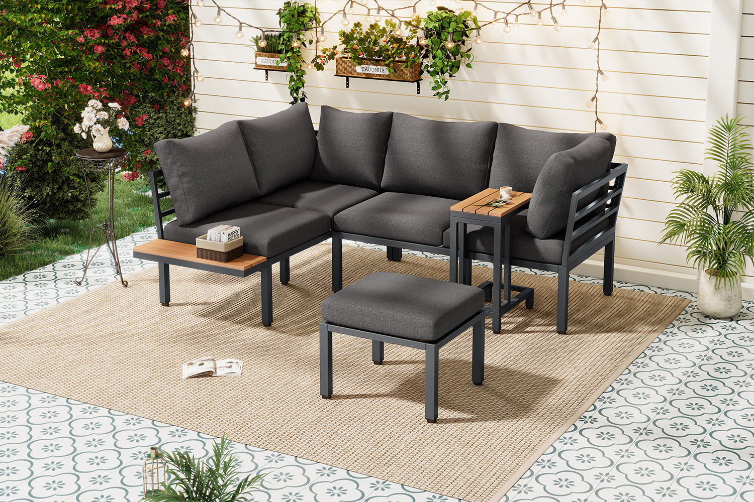 Garden Furniture Set with Sofa and Multi-functional Tables, Galvanized Steel and Wood-look Plastic, Grey and Black