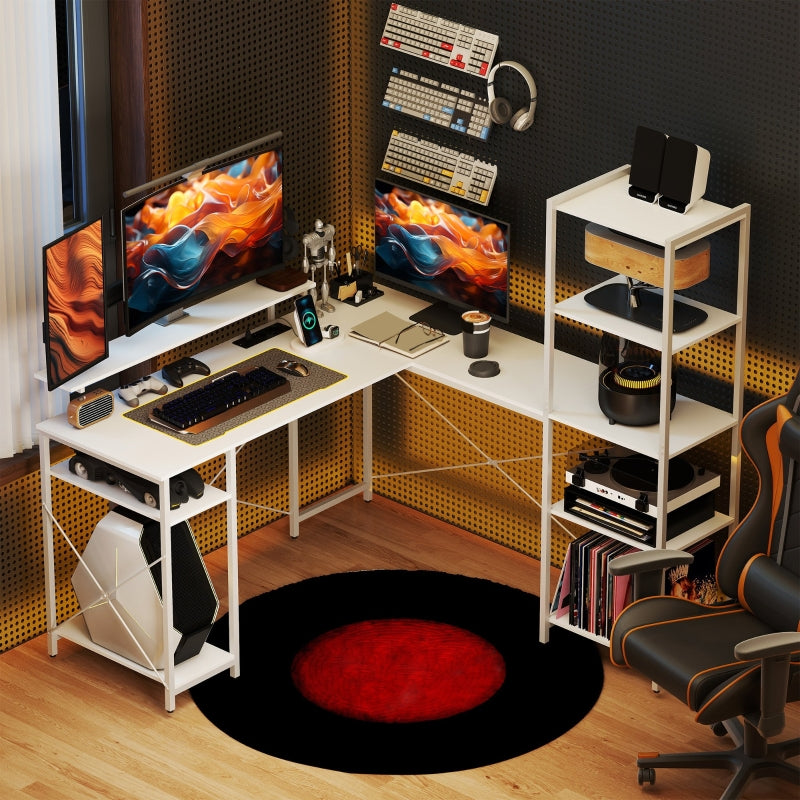 L-Shaped Gaming Desk with Shelf, Monitor Stand, Power Outlet, USB Port, White