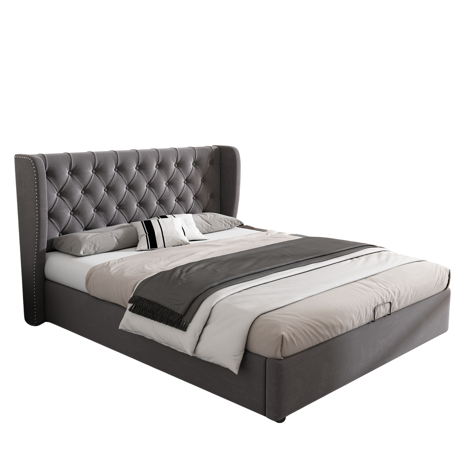 Upholstered Double Bed 140x190cm Hydraulic Storage Ear Shape Velvet - Grey