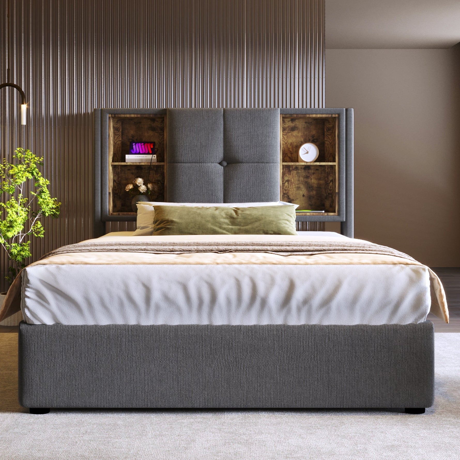 Single Bed, Wireless Charging USB C, 90x200cm with Storage, Wood-Grey Cotton