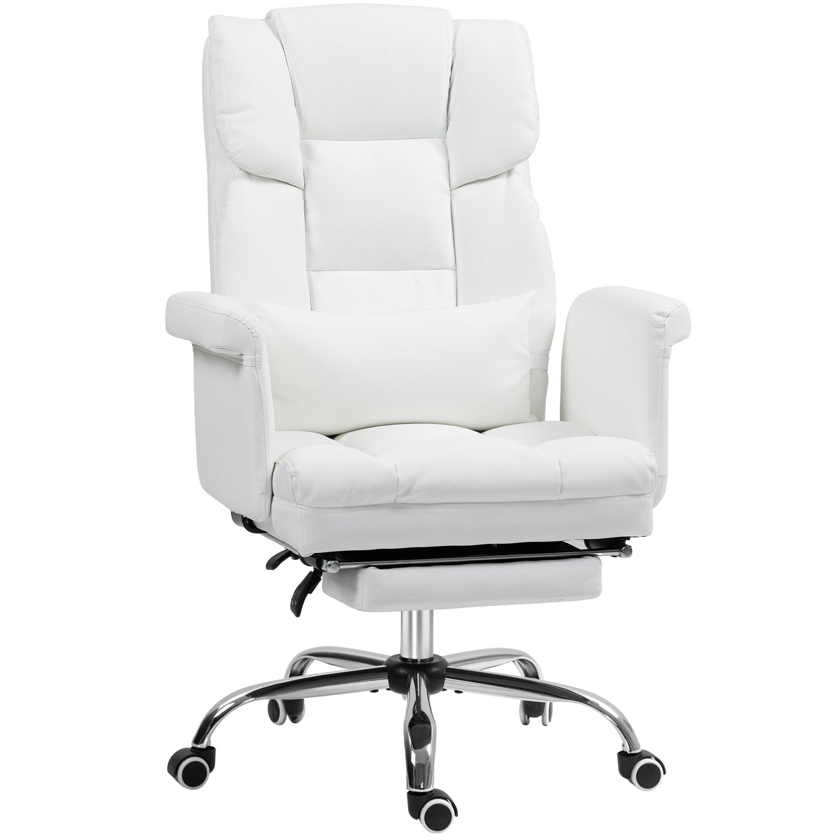 Office Chair, Ergonomic Reclining with Footrest, White Faux Leather