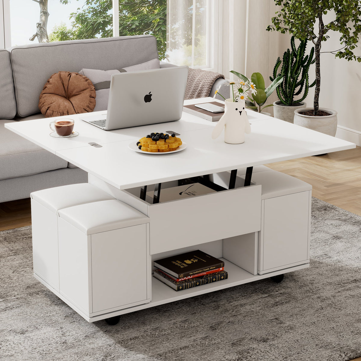 Liftable Coffee Table, Multifunctional with 2 Opening Tabletops, White