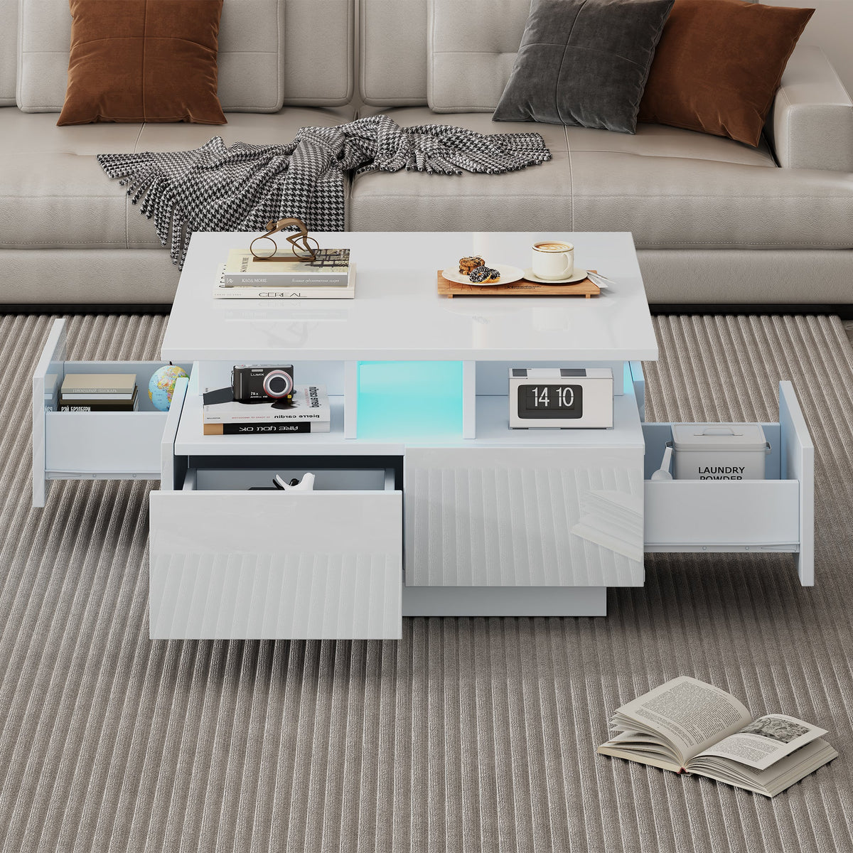 Coffee Table 70x70x40cm High-Gloss LED Light 4 Drawers Geometric Design, White