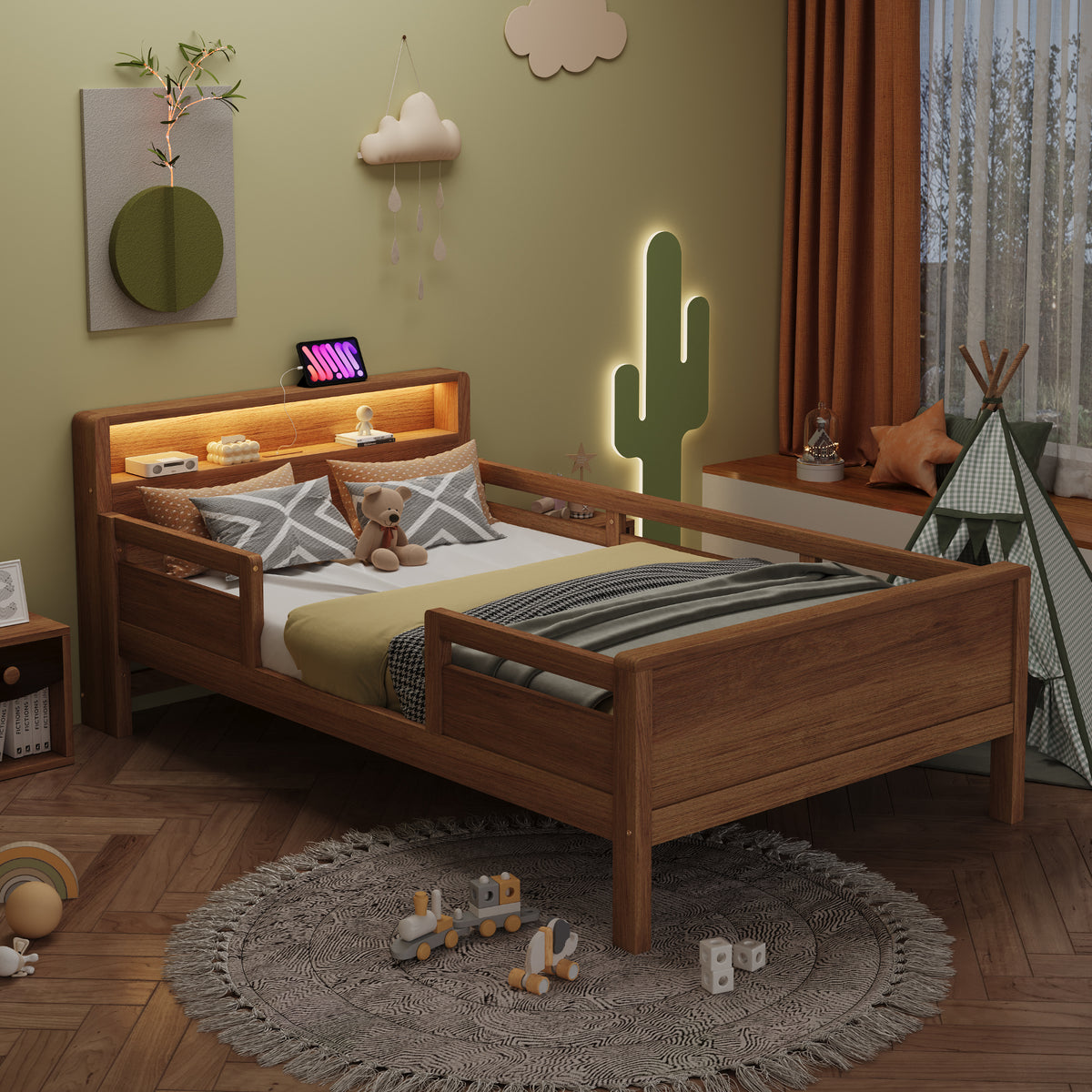 Wooden Single Bed 90x200cm with USB, LED & Storage, Wood Color