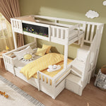 Bunk Bed for 3 Children with Chalkboard, Storage Stairs and Drawers, White Solid Wood