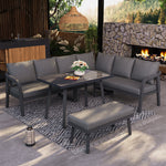 Garden Dining Set with Corner Sofa, Table and Bench, Seats 8, Grey Woven Steel
