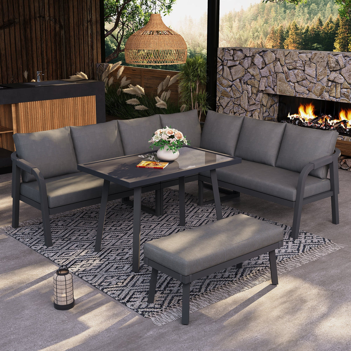 Garden Dining Set with Corner Sofa, Table and Bench, Seats 8, Grey Woven Steel