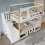 Bunk Bed with Adjustable Table, Bookshelf and Storage Stairs, 90x200cm, White and Natural Pine + MDF