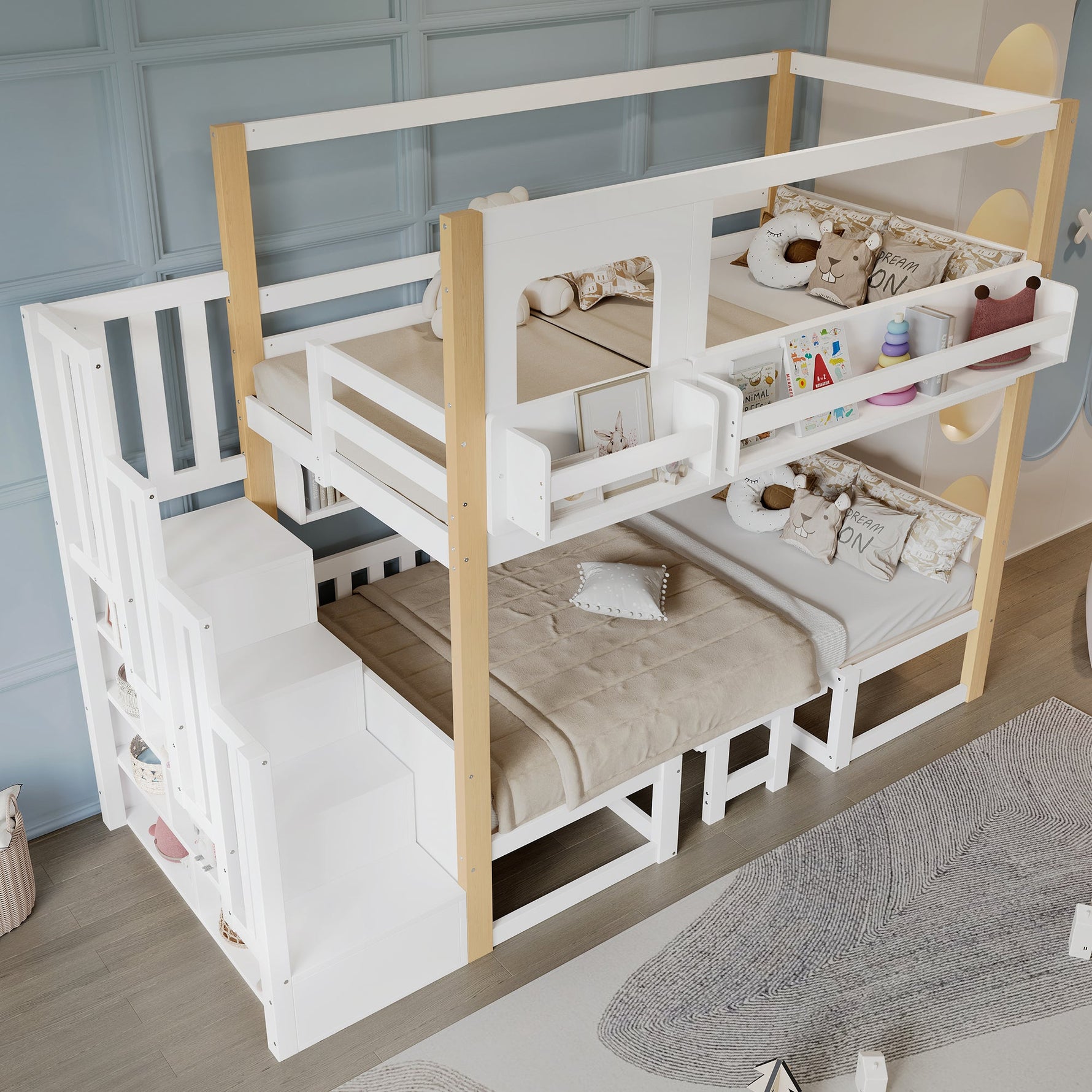 Bunk Bed with Adjustable Table, Bookshelf and Storage Stairs, 90x200cm, White and Natural Pine + MDF