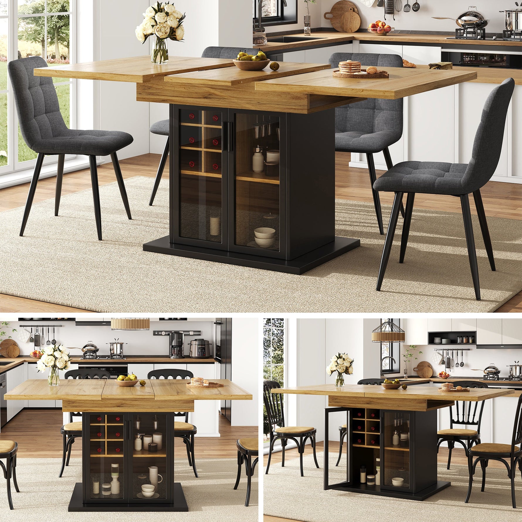 Telescopic Dining Table, Extendable Kitchen Table for 4-6, Space-Saving, Brown Glass