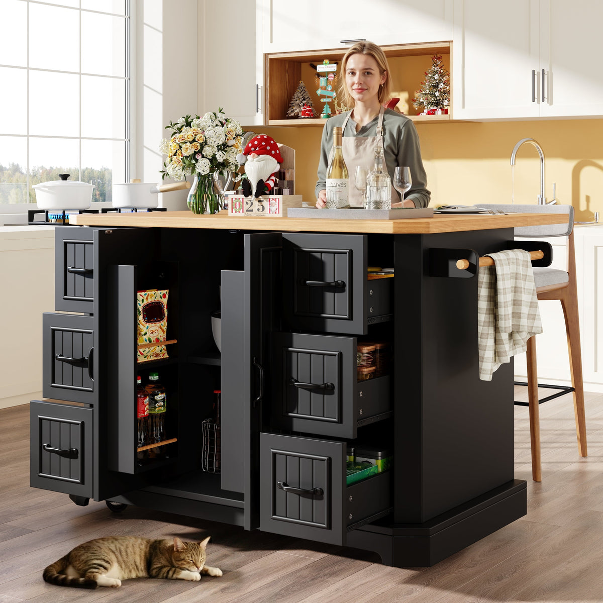 Mobile Kitchen Island with 2 Doors and 6 Drawers, White and Black