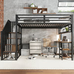 Loft Bed with Desk, Storage Stairs, Handrails, 120x200cm, Iron + Chipboard Black