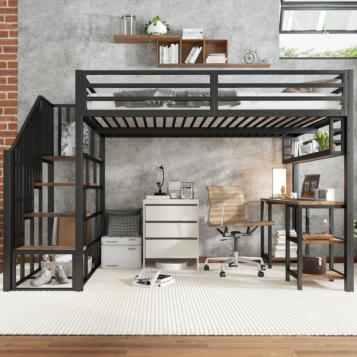 Loft Bed with Desk, Storage Stairs, Handrails, 120x200cm, Iron + Chipboard Black