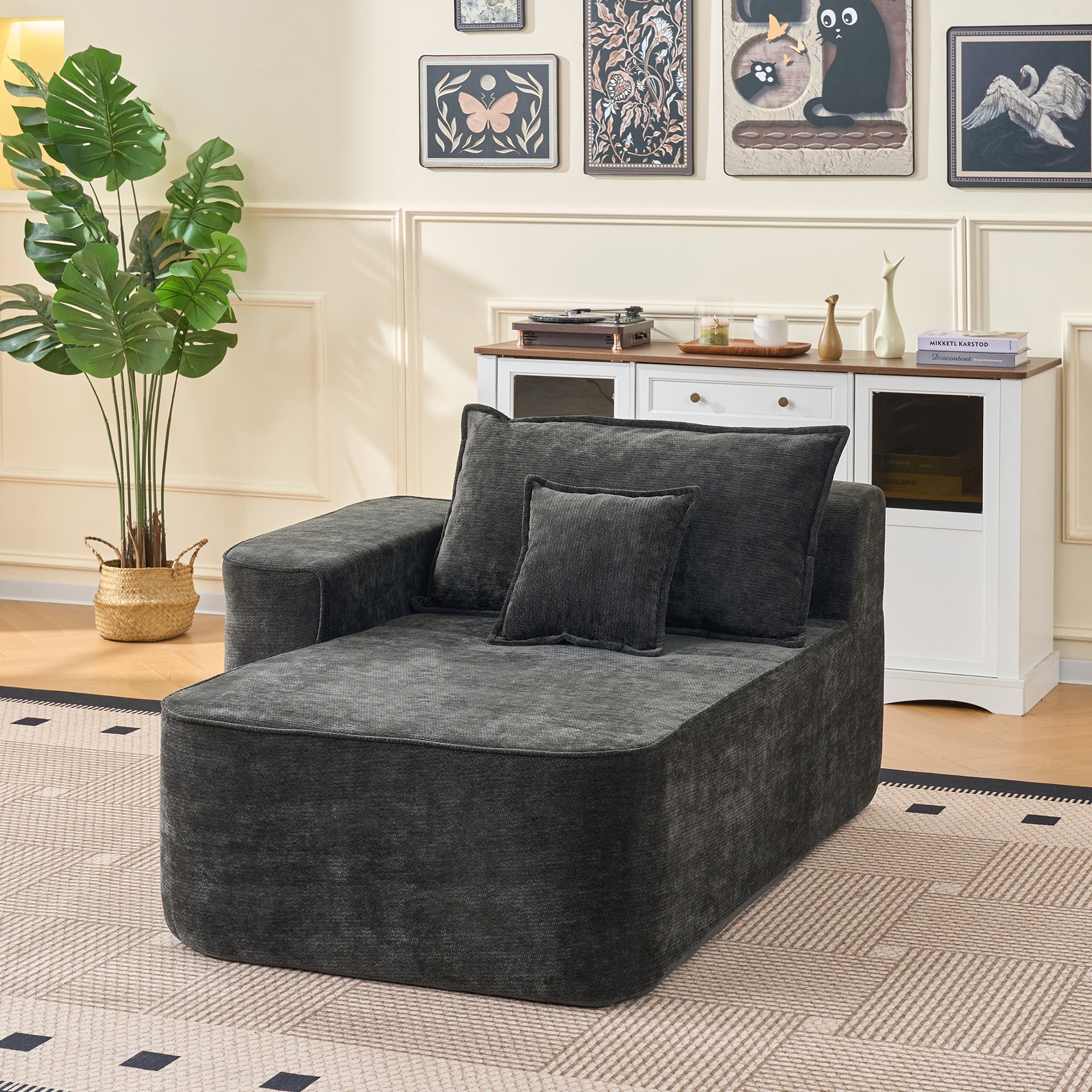 Chaise Longue Sofa with Cushions and Side Pockets, No Assembly, Black