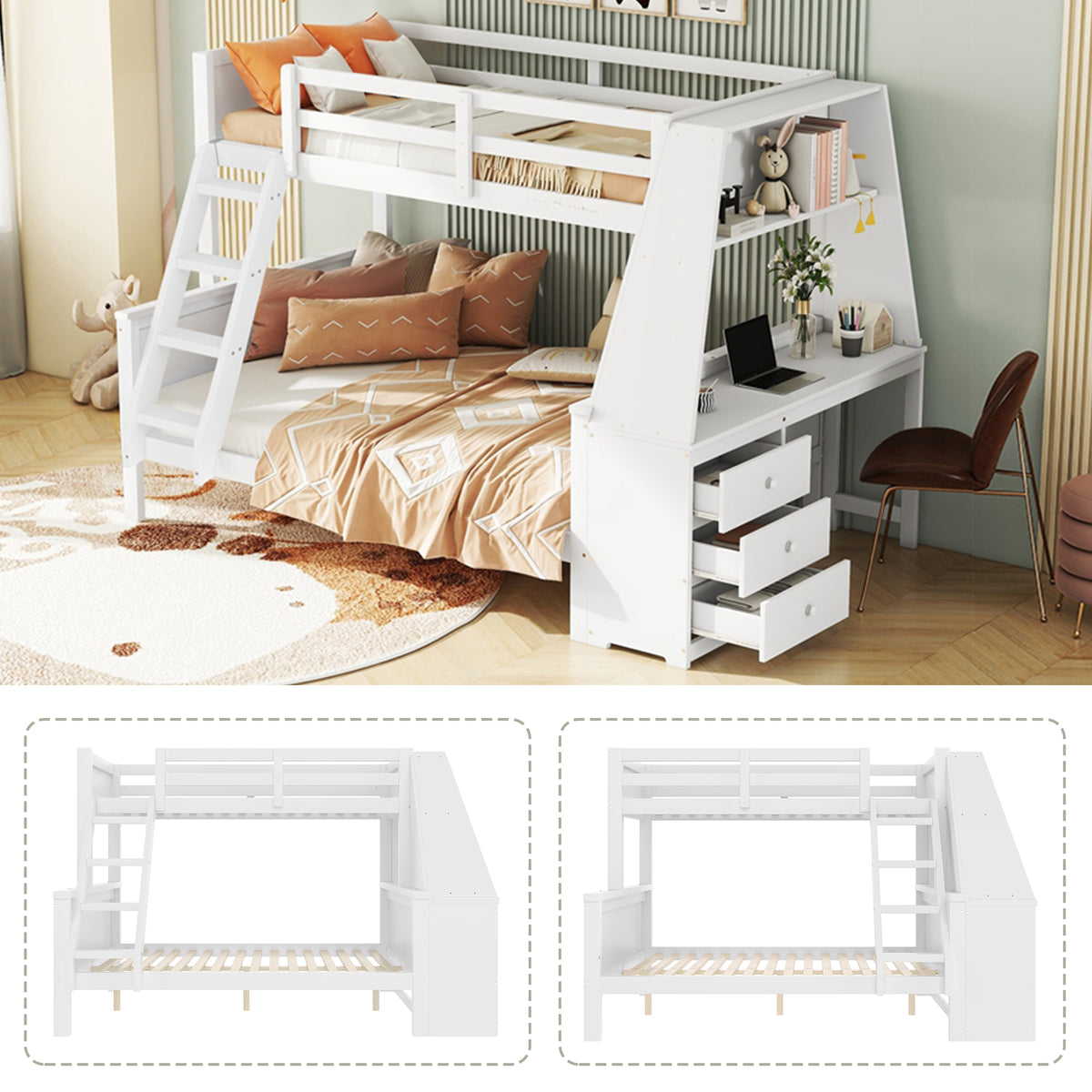 Bunk Bed with Table & Storage, 90x200/140x200 cm, White