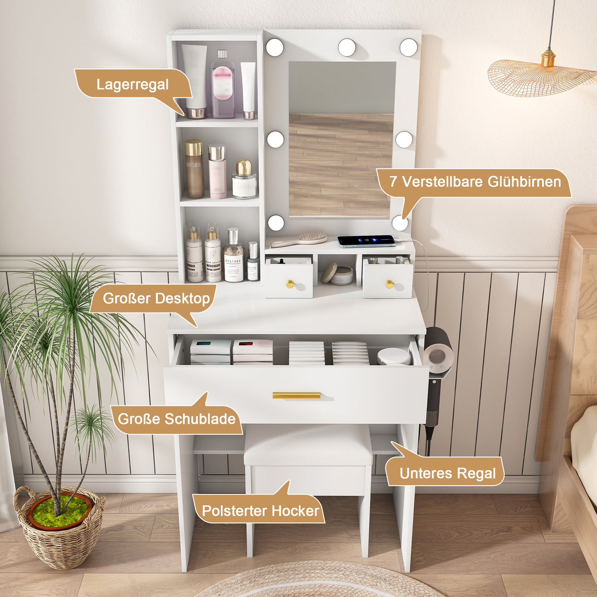 Small Vanity Desk Set with LED Mirror & Stool, White