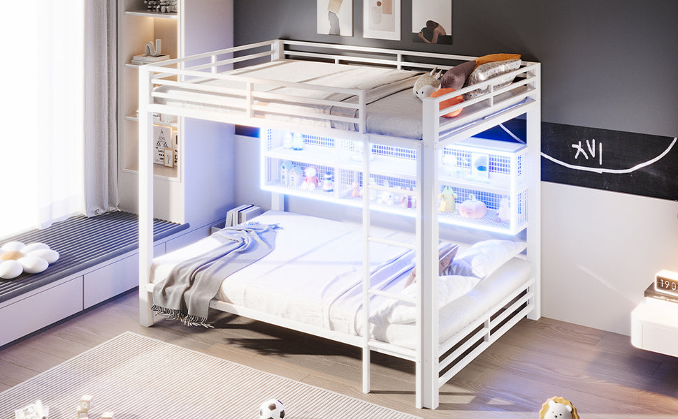 140x200 Bunk Bed with Storage Cabinets and LED Light, White