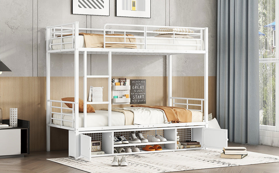 Iron Bunk Bed with Storage, Ladder, and Safety Rail, 90x200cm White