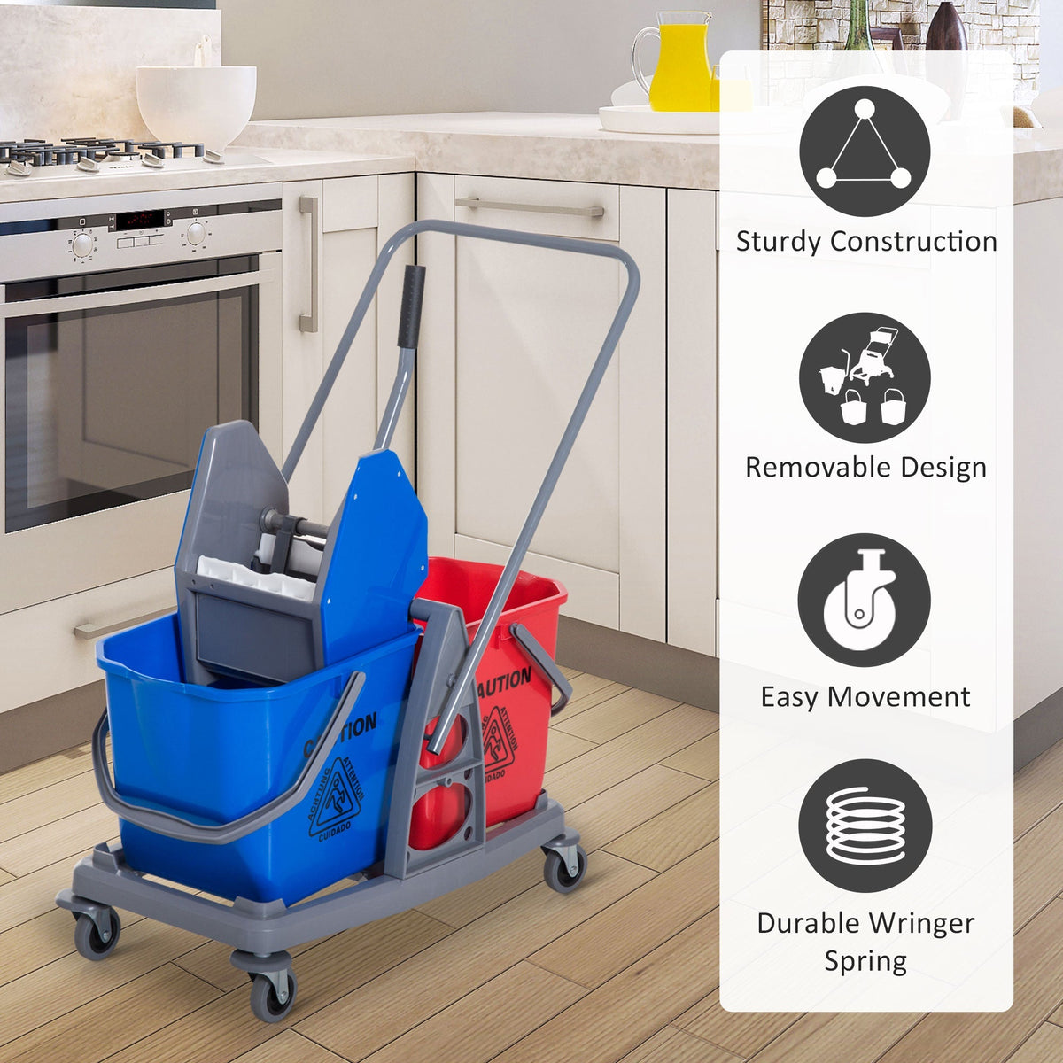 Cleaning Trolley 2 Buckets 4 Wheels Metal/PP Blue/Red