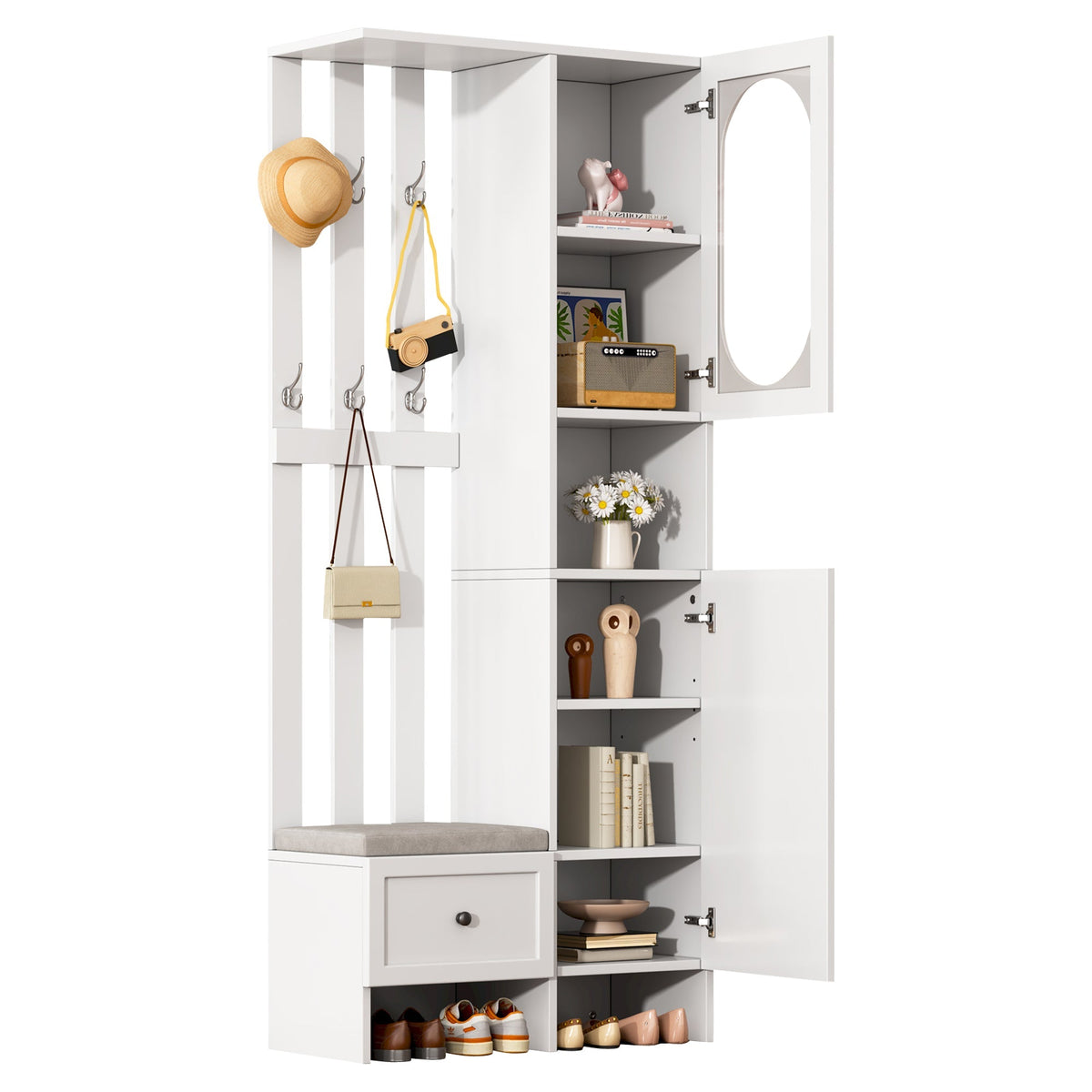 Compact Wardrobe Set with 2 Cabinets, Tempered Glass, Shoe Bench & Cushion, White