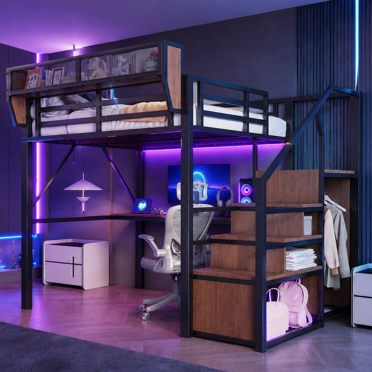 Loft Bed 140x200 with Desk, LED Light & Storage, Black Metal