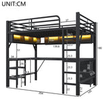 Gaming Loft Bed with Desk, Bookshelf & Wardrobe, Black Metal