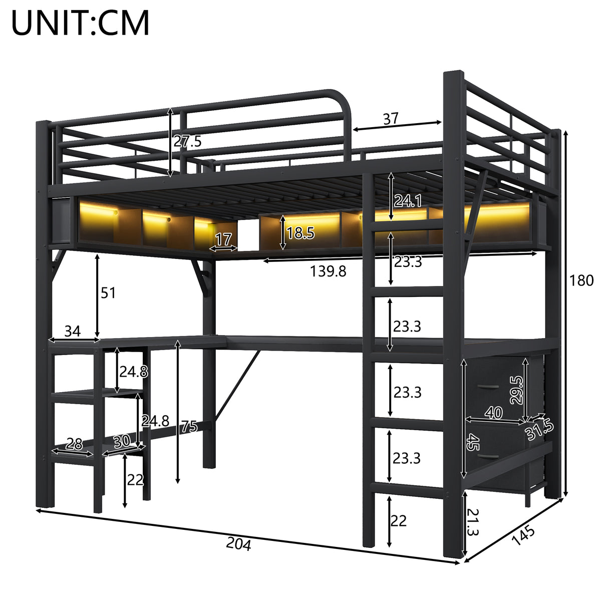 Gaming Loft Bed with Desk, Bookshelf & Wardrobe, Black Metal