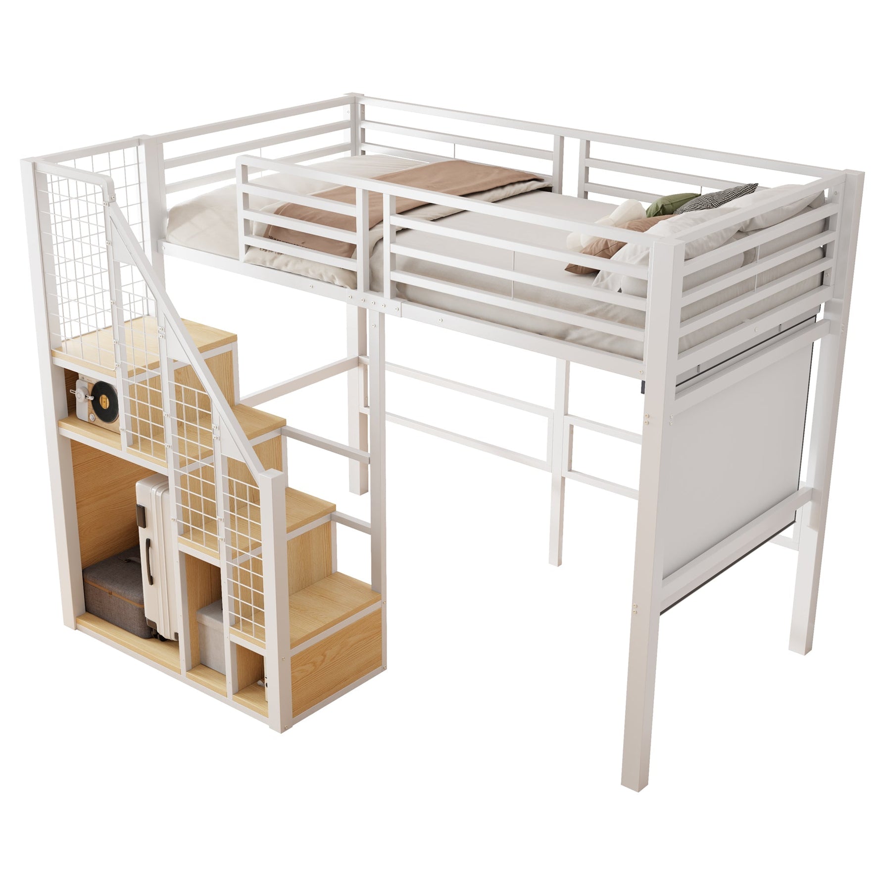 Loft Bed with Safety Ladder and Storage Area, 90x200cm, White Iron Frame