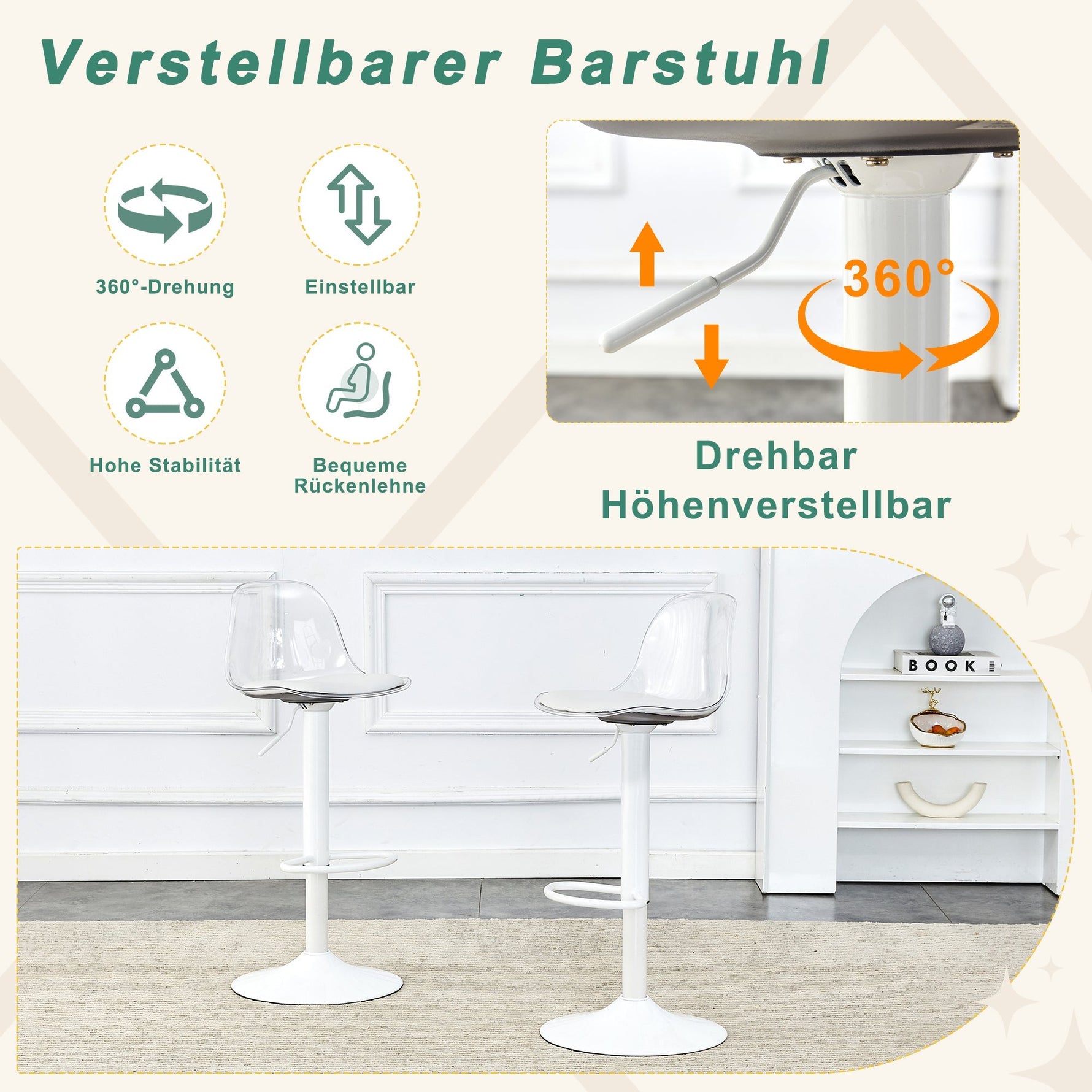 Adjustable Beam Chair (2-Pack) Swivel & Height Adjustable - Transparent/White