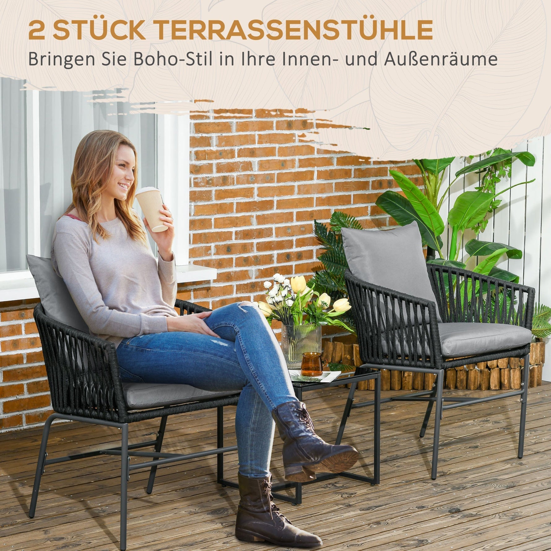 Garden Chairs Set of 2 Cushioned Boho Style Metal Frame, Black