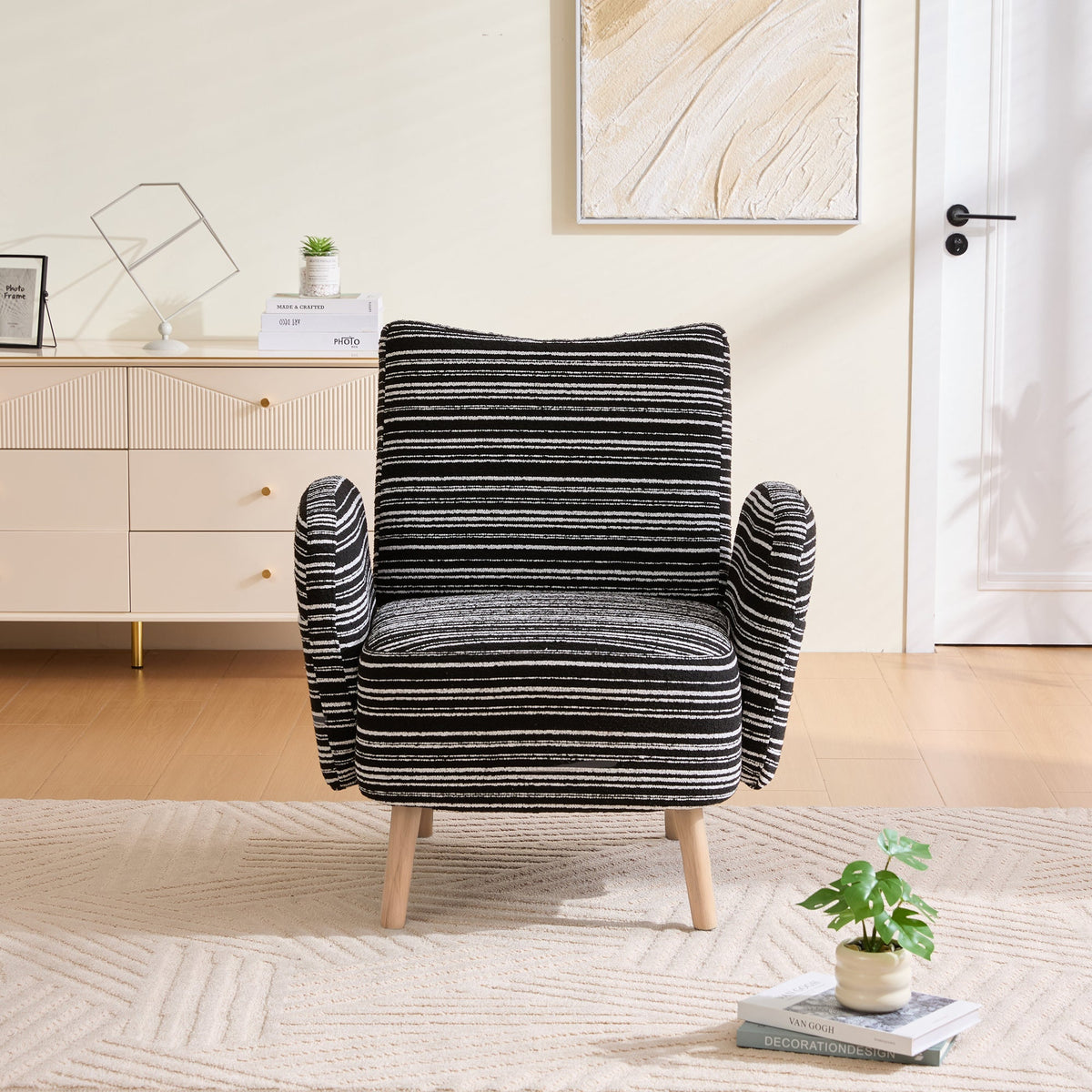 Modern Armchair with Side Pocket and Solid Wood Legs, Circular Pattern Fabric