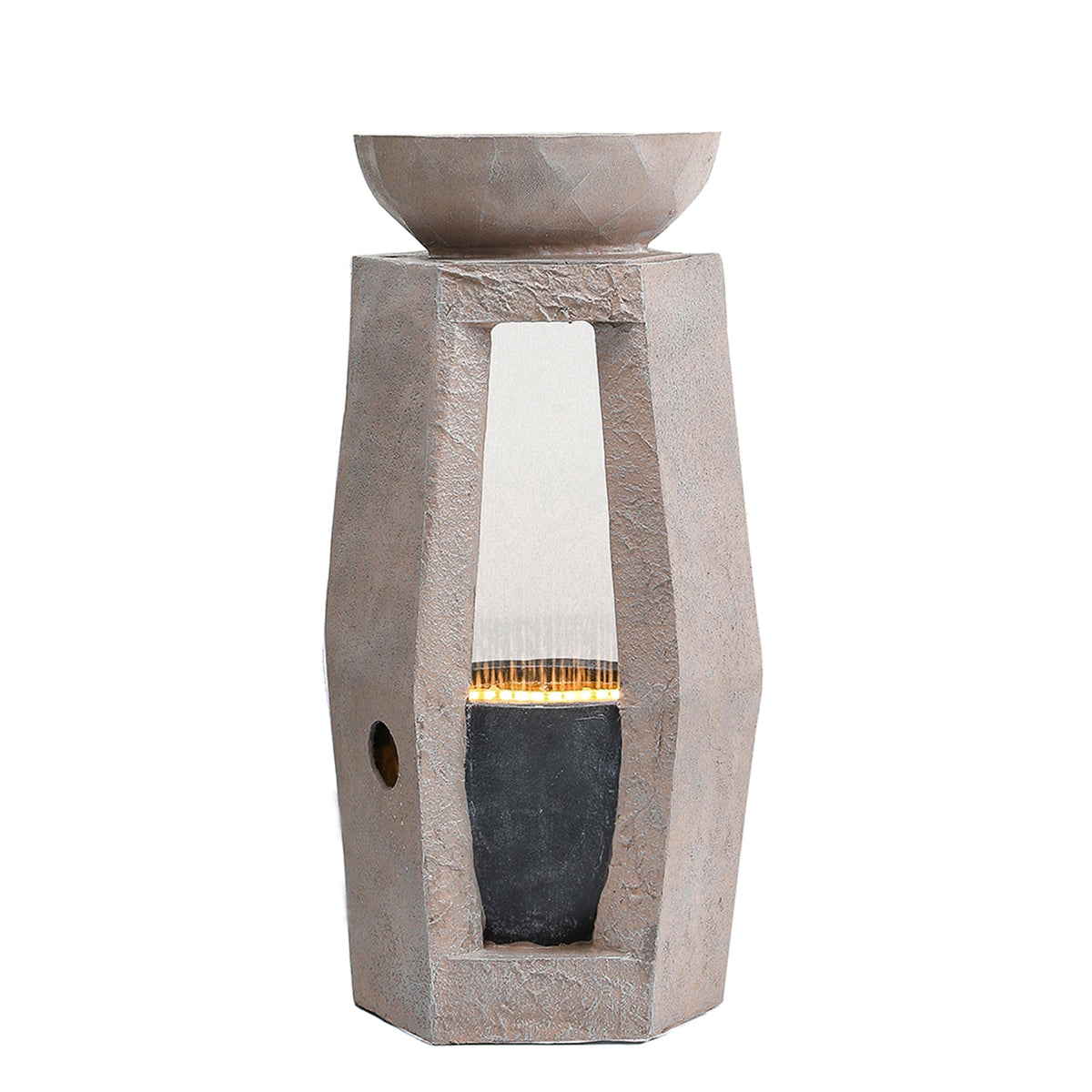 Garden Fountain with LED Lighting, Water Pump and Decorative Basin, Artificial Stone Beige
