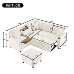 Chenille Corner Sofa Bed with Ottoman and USB Charging, Beige